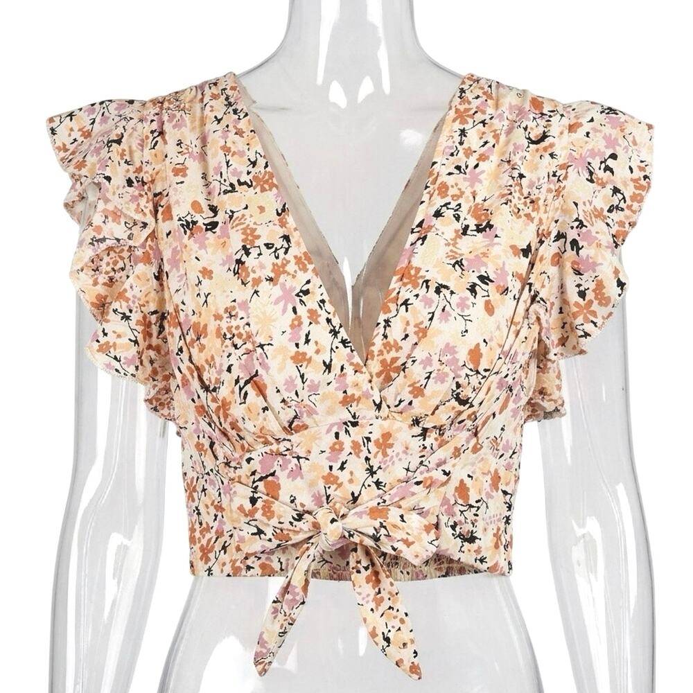 Free People Floral Tie-Front V-Neck Crop Top in Cream, Pink, Peach